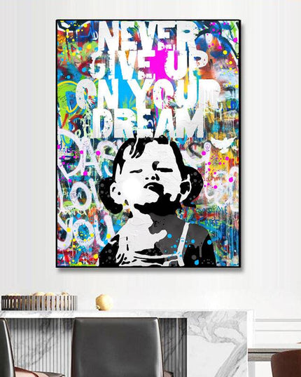 Artistic Motivation: Never Give Up Dream Graffiti Girl Canvas Print Wall Poster