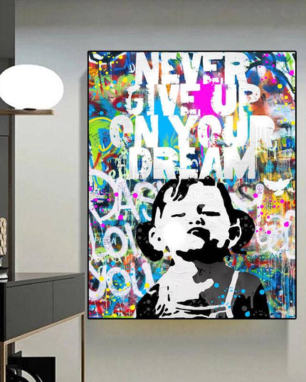 Artistic Motivation: Never Give Up Dream Graffiti Girl Canvas Print Wall Poster