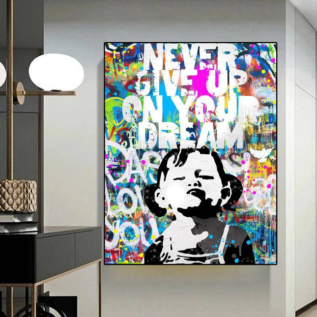 Artistic Motivation: Never Give Up Dream Graffiti Girl Canvas Print Wall Poster