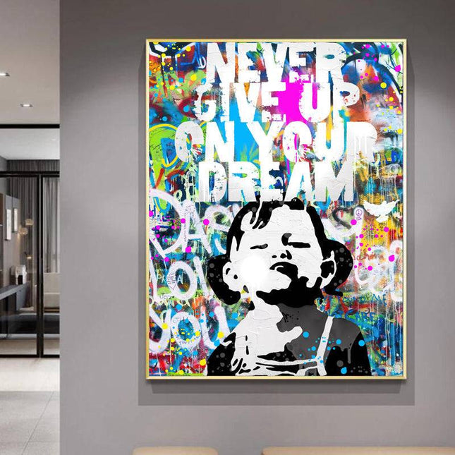 Artistic Motivation: Never Give Up Dream Graffiti Girl Canvas Print Wall Poster
