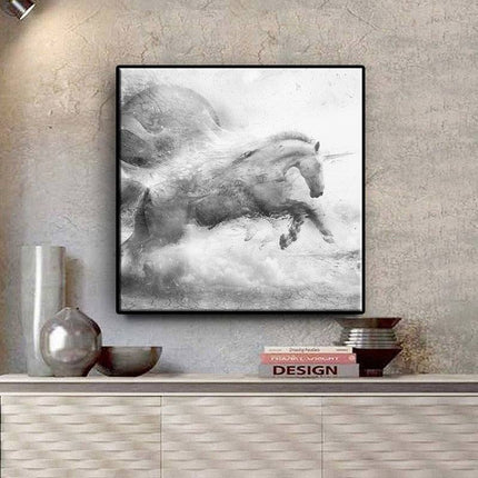 Elegant Equine: Abstract Black & White Running Horse Arr Poster 