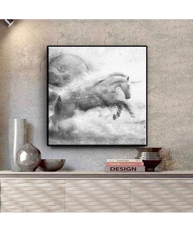Elegant Equine: Abstract Black & White Running Horse Arr Poster 