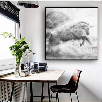 Elegant Equine: Abstract Black & White Running Horse Arr Poster 