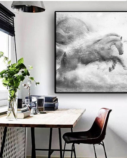 Elegant Equine: Abstract Black & White Running Horse Arr Poster 