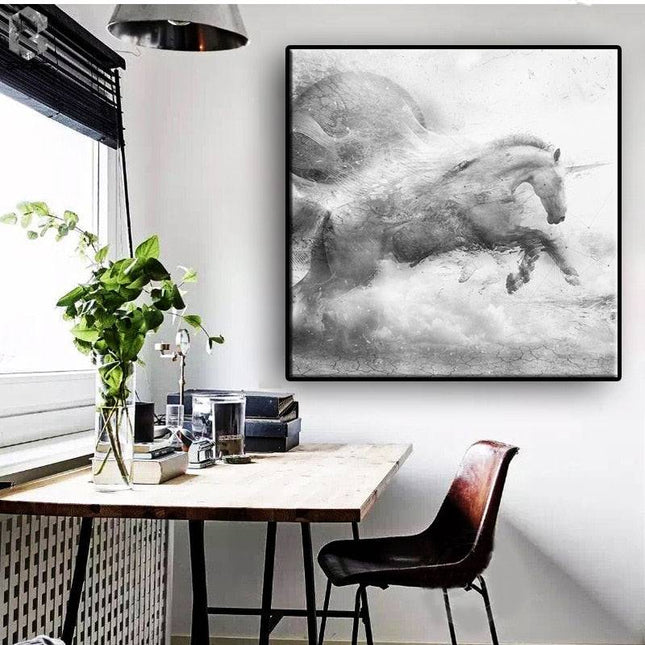 Elegant Equine: Abstract Black & White Running Horse Arr Poster 