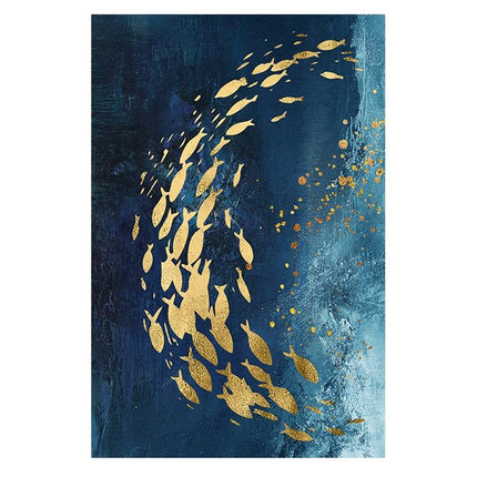 Golden Bliss - Abstract Fish in a Blue Ocean Canvas Print Poster Wall Poster