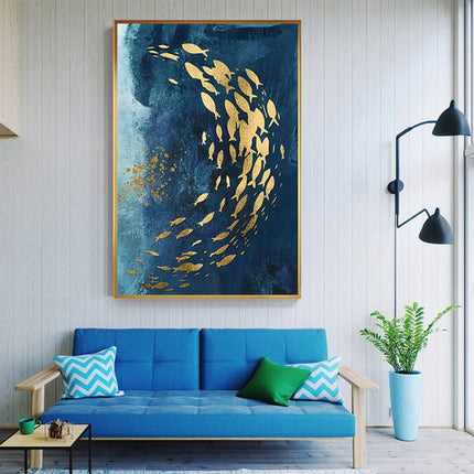 Golden Bliss - Abstract Fish in a Blue Ocean Canvas Print Poster Wall Poster