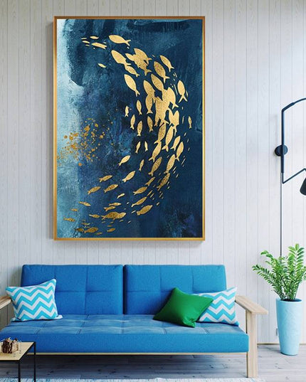 Golden Bliss - Abstract Fish in a Blue Ocean Canvas Print Poster Wall Poster