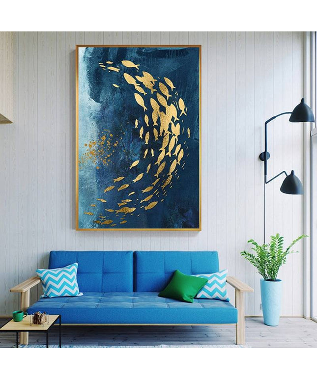 Golden Bliss - Abstract Fish in a Blue Ocean Canvas Print Poster Wall Poster