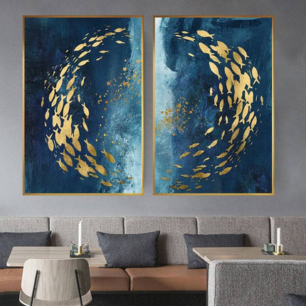 Golden Bliss - Abstract Fish in a Blue Ocean Canvas Print Poster Wall Poster