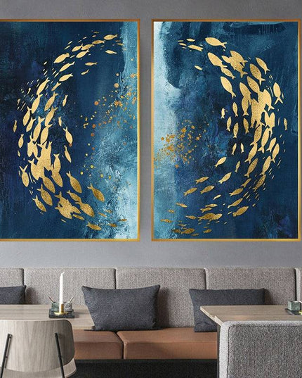 Golden Bliss - Abstract Fish in a Blue Ocean Canvas Print Poster Wall Poster
