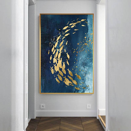 Golden Bliss - Abstract Fish in a Blue Ocean Canvas Print Poster Wall Poster