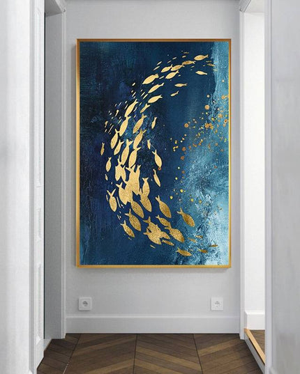 Golden Bliss - Abstract Fish in a Blue Ocean Canvas Print Poster Wall Poster