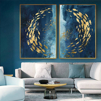 Golden Bliss - Abstract Fish in a Blue Ocean Canvas Print Poster Wall Poster