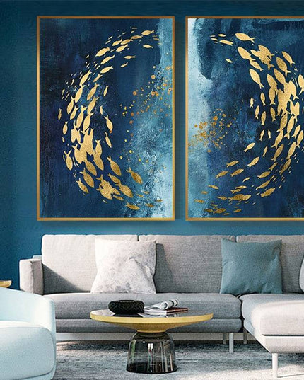 Golden Bliss - Abstract Fish in a Blue Ocean Canvas Print Poster Wall Poster
