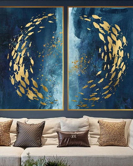 Golden Bliss - Abstract Fish in a Blue Ocean Canvas Print Poster Wall Poster