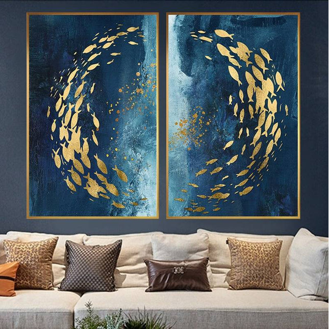 Golden Bliss - Abstract Fish in a Blue Ocean Canvas Print Poster Wall Poster