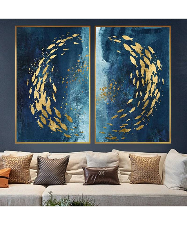 Golden Bliss - Abstract Fish in a Blue Ocean Canvas Print Poster Wall Poster