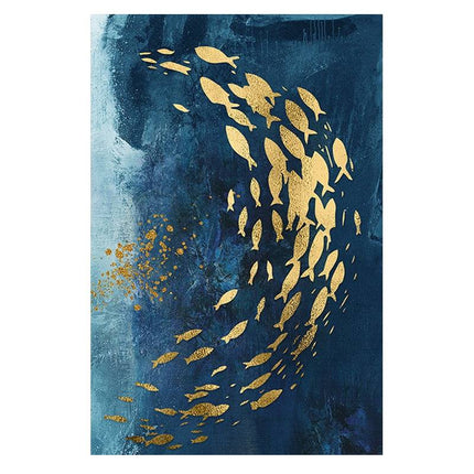 Golden Bliss - Abstract Fish in a Blue Ocean Canvas Print Poster Wall Poster