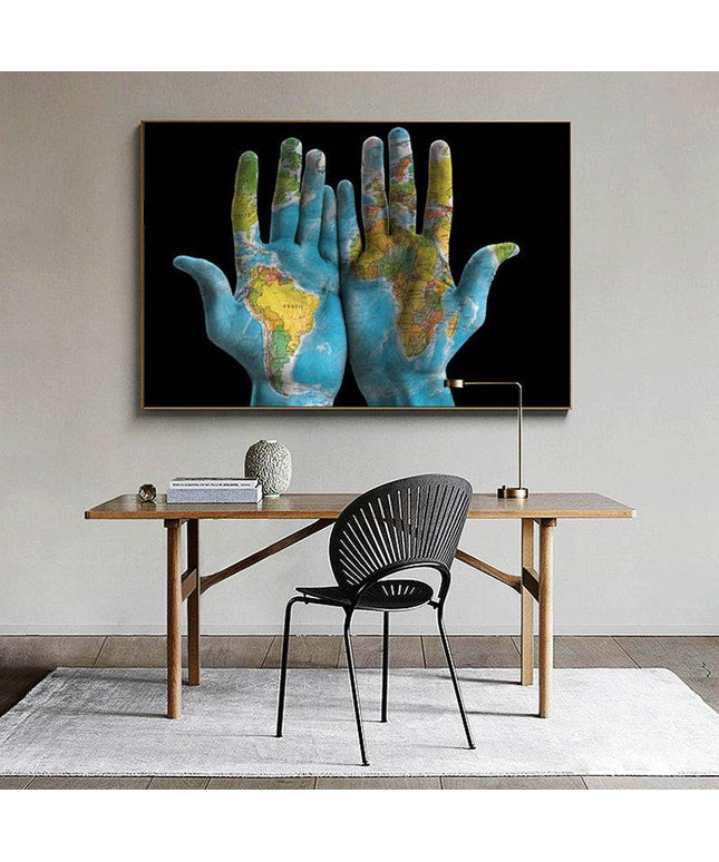 Hands Across the World - World Maps Art Canvas Print Poster Wall Poster