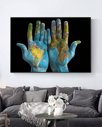Hands Across the World - World Maps Art Canvas Print Poster Wall Poster