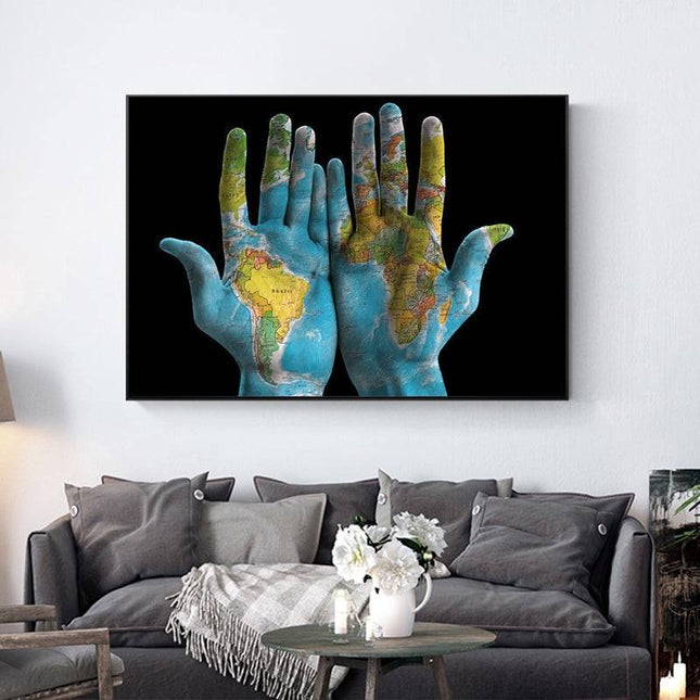 Hands Across the World - World Maps Art Canvas Print Poster Wall Poster