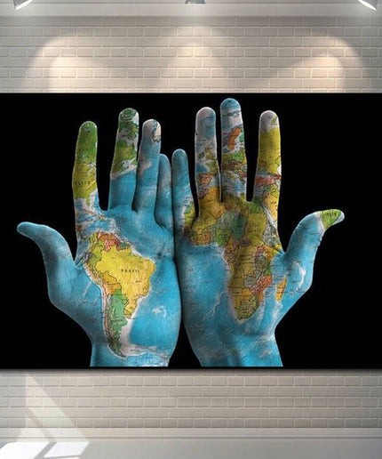 Hands Across the World - World Maps Art Canvas Print Poster Wall Poster