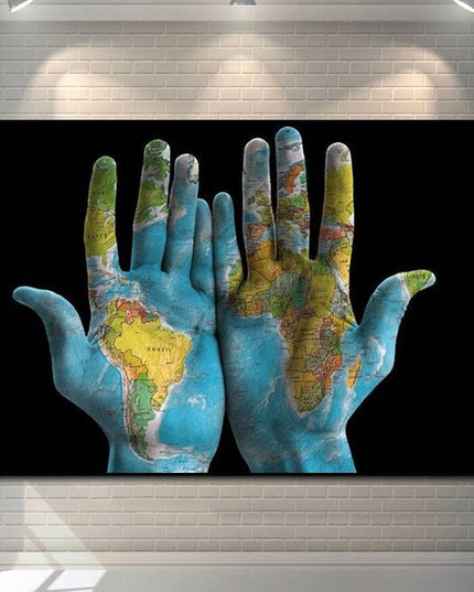 Hands Across the World - World Maps Art Canvas Print Poster Wall Poster