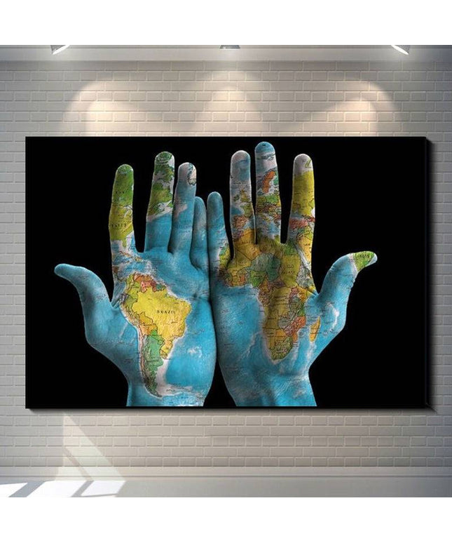 Hands Across the World - World Maps Art Canvas Print Poster Wall Poster