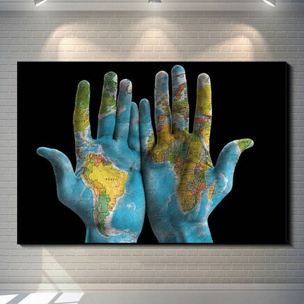 Hands Across the World - World Maps Art Canvas Print Poster Wall Poster