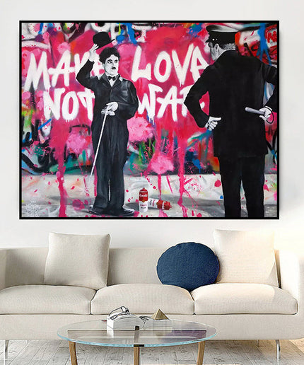 Love vs Conflict: Banksy-Inspired Charlie Chaplin Wall Poster