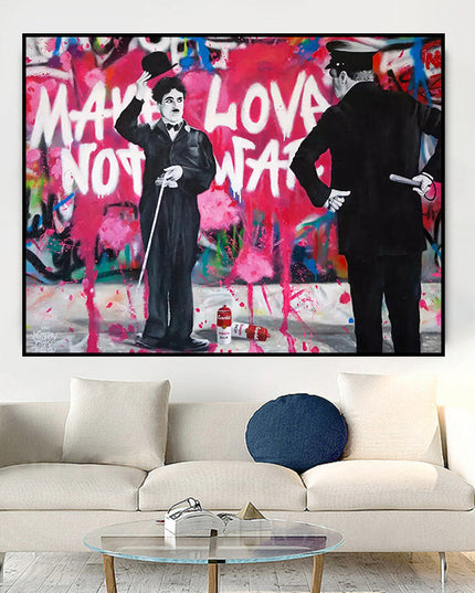 Love vs Conflict: Banksy-Inspired Charlie Chaplin Wall Poster