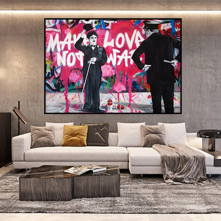 Love vs Conflict: Banksy-Inspired Charlie Chaplin Wall Poster