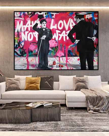 Love vs Conflict: Banksy-Inspired Charlie Chaplin Wall Poster