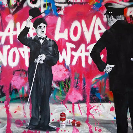 Love vs Conflict: Banksy-Inspired Charlie Chaplin Wall Poster