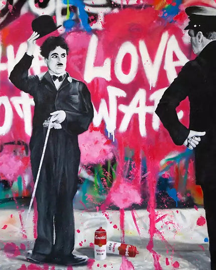 Love vs Conflict: Banksy-Inspired Charlie Chaplin Wall Poster