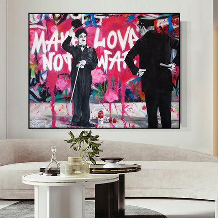 Love vs Conflict: Banksy-Inspired Charlie Chaplin Wall Poster