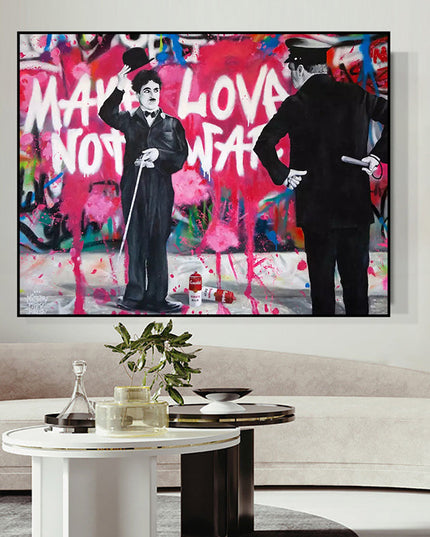 Love vs Conflict: Banksy-Inspired Charlie Chaplin Wall Poster