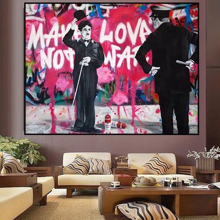 Love vs Conflict: Banksy-Inspired Charlie Chaplin Wall Poster