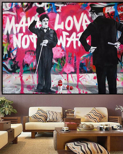 Love vs Conflict: Banksy-Inspired Charlie Chaplin Wall Poster