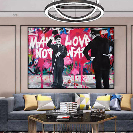 Love vs Conflict: Banksy-Inspired Charlie Chaplin Wall Poster