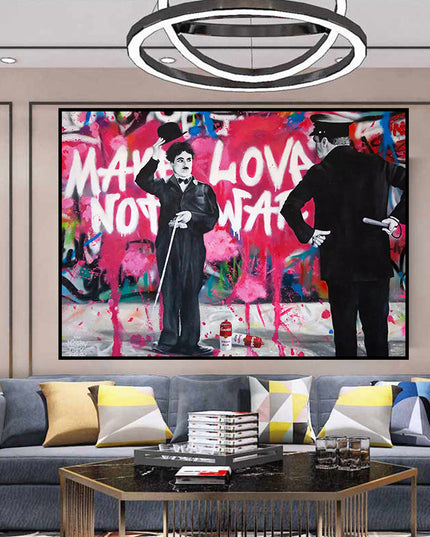 Love vs Conflict: Banksy-Inspired Charlie Chaplin Wall Poster