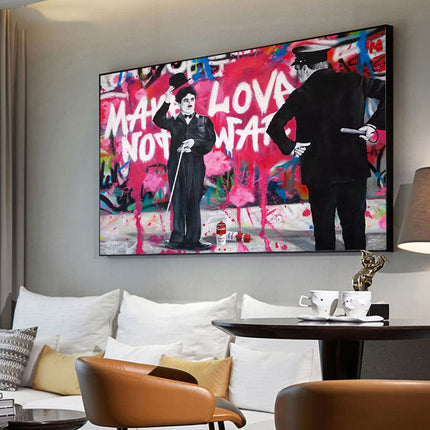 Love vs Conflict: Banksy-Inspired Charlie Chaplin Wall Poster