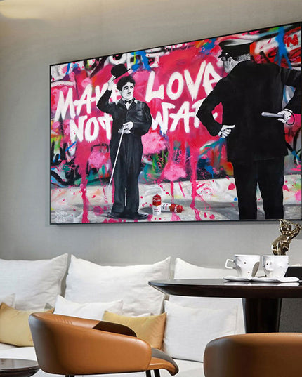 Love vs Conflict: Banksy-Inspired Charlie Chaplin Wall Poster