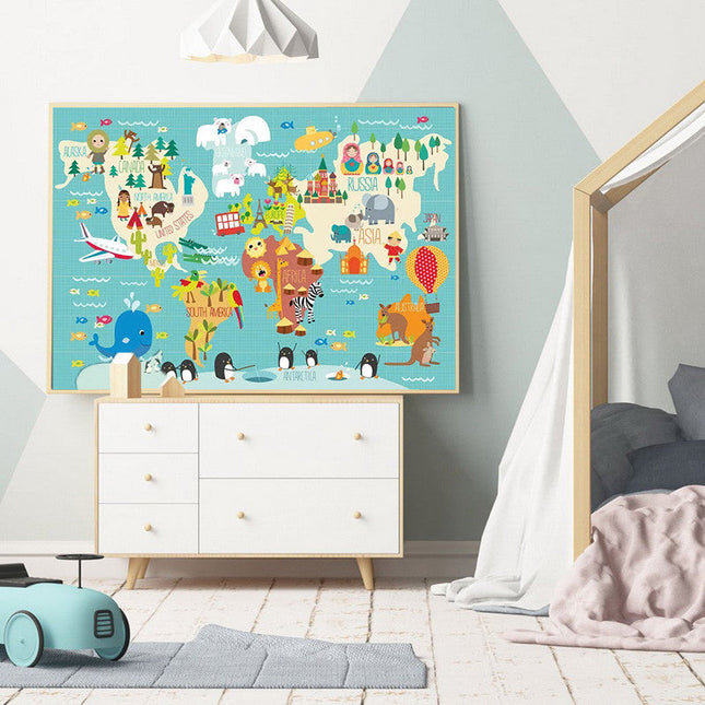 Ocean Explorers: Cartoon Animal World Map Wall Poster