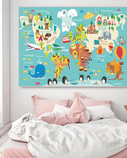 Ocean Explorers: Cartoon Animal World Map Wall Poster