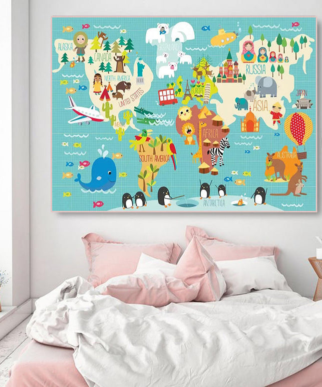Ocean Explorers: Cartoon Animal World Map Wall Poster
