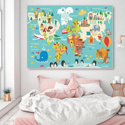 Ocean Explorers: Cartoon Animal World Map Wall Poster