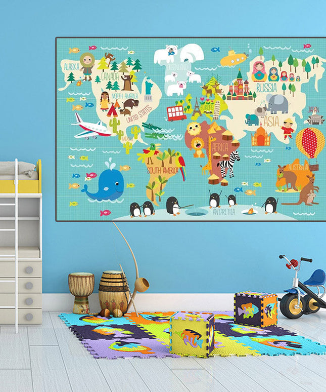 Ocean Explorers: Cartoon Animal World Map Wall Poster