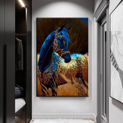 Wildfire Fantasia: Blue & Gold Horse Art Print Wall Poster